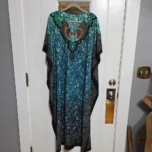 Women's Long Caftan Muumu Nightgown Loungewear Teal Paisley Lightweight  XL? EUC
